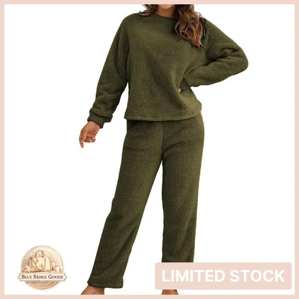 Sherpa Fleece Pajama Set Long Sleeve Pullover Pants Cozy Loungewear
